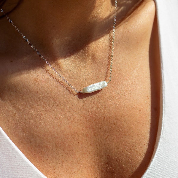 Biwa Pearl Solitaire Necklace: Sterling Silver Minimalist Jewelry