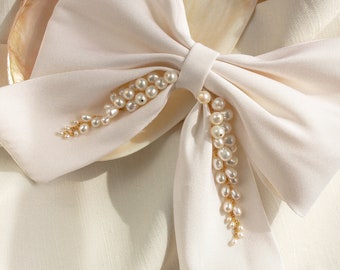 Bridal Hair Piece - Wedding Accessories - Silk and Pearl Bow Barrette Clip - Handmade - 100% silk and freshwater pearls