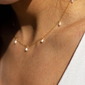 Dainty Pearl Necklace - Tiny Freshwater Pearl Drops on a Delicate and Minimal Chain - 14k gold filled or sterling silver - bridal jewelry