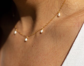 Dainty Pearl Necklace - Tiny Freshwater Pearl Drops on a Delicate and Minimal Chain - 14k gold filled or sterling silver - bridal jewelry