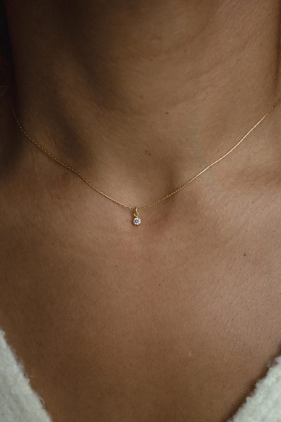 Collar De Solitario Grande De Plata 925, Delicado Collar Con Dije De Circonita Cúbica, Pequeño Colgante De Solitario De Circonita Cúbica, Collar De Solitario De Oro De 14 Quilates, Collar De Diamantes