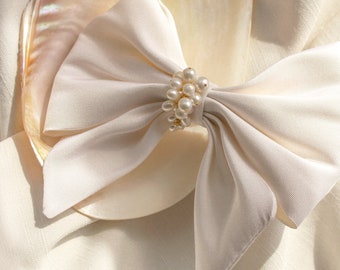 Bridal Hair Barrette Clip - Real Silk and Genuine Freshwater Pearl Bow Hair Accessory - Weddings - Ethically Made - Ivory