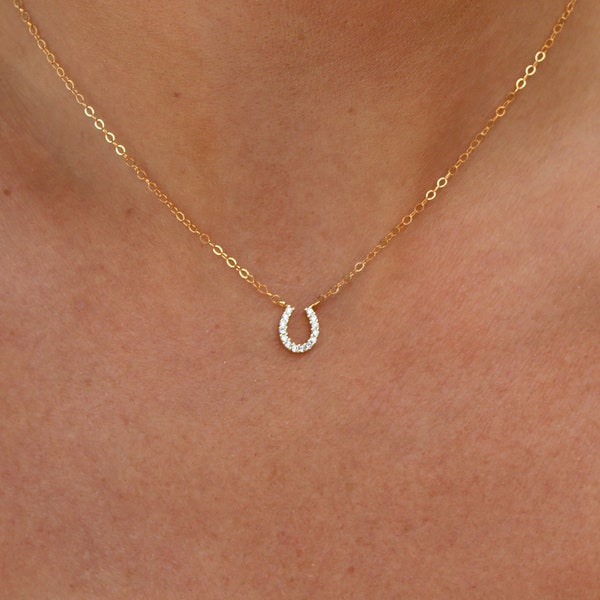 Lucky You HORSESHOE Necklace - tiny gold dainty chain with horse charm - layering necklace - adjustable - minimalist necklace