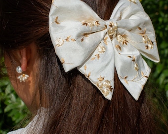 Bridal Pure Silk Embroidered Floral Hair Bow on a French Barrette - Cottage Core Style - Bridal Hair Accessories - Hair Clip for Bride
