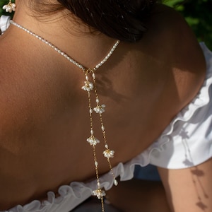 Pearl Back Necklace, Bridal Back Necklace, Back Drop Wedding Necklace, Pearl and Flower Necklace for Bride, Pearl Wedding Jewelry, Boho