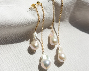 Long Pearl Earrings - Front and Back Earrings - Freshwater Pearl statement earrings - bridal jewelry - minimalist bride - beach wedding