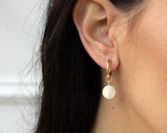 Dainty Hoop Earrings - Mother of Pearl - Minimal Jewelry - Tiny Gold Hoops - Gifts for Her - Simple Jewelry