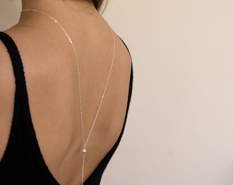 Back Necklace - Dainty Pearl Drop Necklace - Bridal Jewelry - Minimalist - Minimal Bride - Simple Wedding Jewelry - Open Back - Dainty