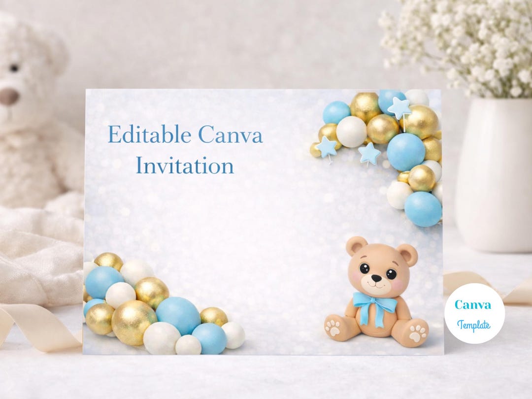 Teddy Bear Baby Shower Invitation | Blue & Gold Canva Template (5x7 ...