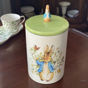 May include: A ceramic jar with a green lid and a small bunny figurine on top. The jar features a colorful illustration of Peter Rabbit in a blue jacket, surrounded by flowers and butterflies. A charming addition to any kitchen.