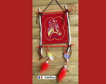 Horse embroidered decorative frame with feathers and beads