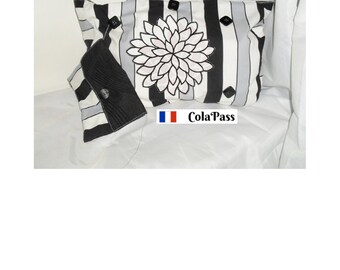 sac cabas shopping, ou sac cabas étudiant, avec pochette assorti, rayé blanc noir et gris