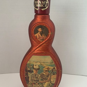 Beam&#39;s Choice Manet Boating Party Design  Bourbon Kentucky Whiskey Red Decanter Collectible 1970s Vintage Empty