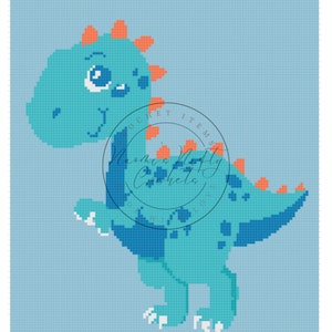 May include: A blue and orange pixelated dinosaur with white eyes and claws. The dinosaur is standing on a light blue background.