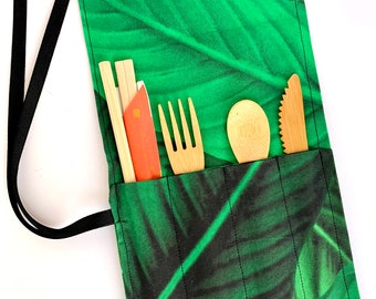 Eco-Friendly Fabric Utensil Roll / Cloth Utensil Wrap / Travel Cutlery Holder / Camping Utensils / Bamboo Utensils /