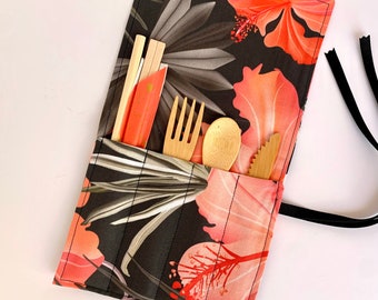 Eco-Friendly Fabric Utensil Roll / Cloth Utensil Wrap / Travel Cutlery Holder / Camping Utensils / Bamboo Utensils /