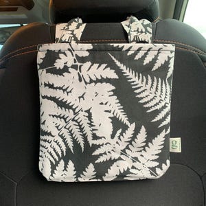 Car Trash Bag: White Fern on Black, Vinyl Lined, Earth-Friendly