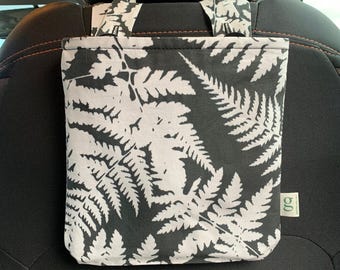 Car garbage bag, car trash bag, car litter bag, car trash, car catch-all bag, earth-friendly bag, green garbage bag. ~ White Fern on Black ~