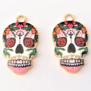 Jewelry Supplies ~  Sugar Skull  2 Pcs  Charms  Pendants  Roses  Pink    Small   23mm  (SK01-G2B)