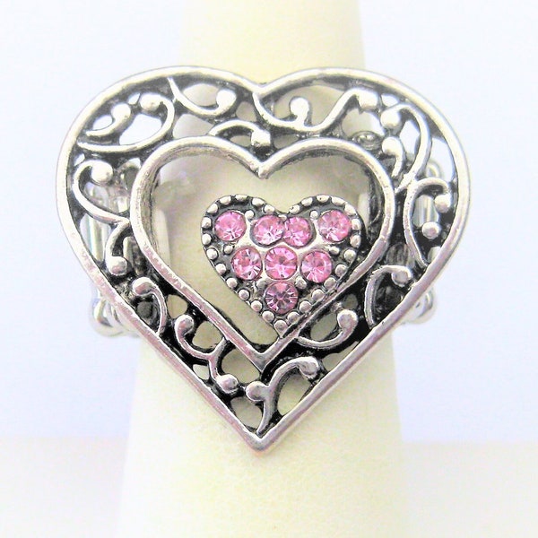 Vintage Jewelry ~  Ring Heart  Stretch  Pink Rhinestones, Silver-tone  Blackened Detailing  (GP1)