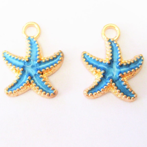 Jewelry Supplies ~  4 Starfish  Charms  Pendants   Turquoise Enamel   Gold-tone   4pc   (G-2C)