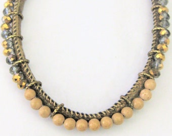 Vintage Jewelry ~  Choker  Gold-tone Cord, Crystals, Wood Beads  Brown, Blue Necklace    (G-9A)
