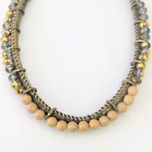 Vintage Jewelry Choker Gold-tone Cord, Crystals, Wood Beads Brown, Blue Necklace G-9A image 1