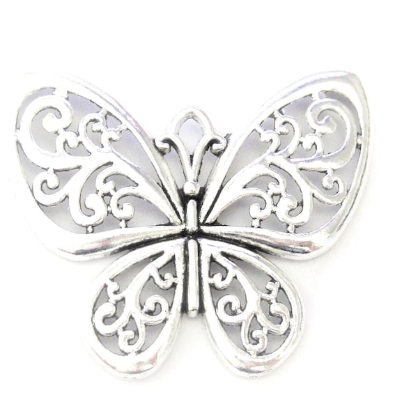 Jewelry Supplies ~  Large Butterfly Pendant  Filigree Antiqued Silver-tone  #BTRF