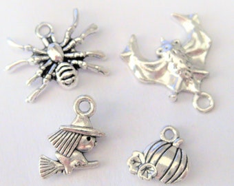 Jewelry Supplies ~  4pc  Witch, Pumpkin, Spider, Bat   Charms  Pendants   Silver tone   (Grp-H19)