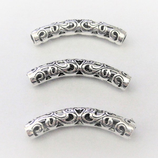 Jewelry Supplies ~   3 Filigree Tube Curved  Beads  Pendant  3/set   Silver-tone   1 1/2"    (G-5C)