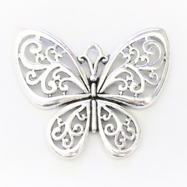 Jewelry Supplies ~  Large Butterfly Pendant  Filigree Silver-tone   (N7B)