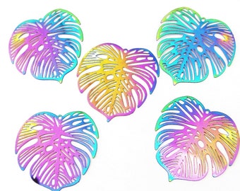 Jewelry Supplies - 5 Leaf Rainbow Metal  Pendant  Set/5  Leaves   33mm   (N11C)