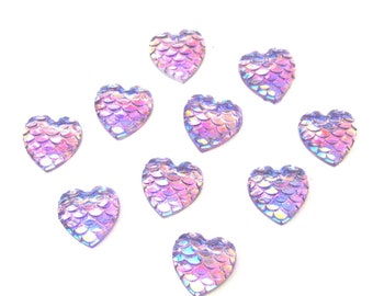 Jewelry Supplies - 10 Heart Mermaid Cabochons  Decoden  Resin AB  Fish Scales    Set/10 -  14mm  Blue, Pink, Silver   #FS-PB   (N18B)