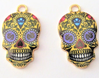 Jewelry Supplies ~  Sugar Skull  2 Pcs  Charms  Pendants  Yellow  Small   23mm  (SK07-G2B)