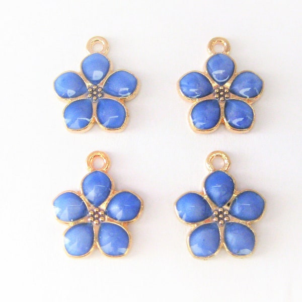 Jewelry Supplies - 4 Blue Enamel Flowers Posies Gold-tone  Charms  Pendants   Set/4   (10C)