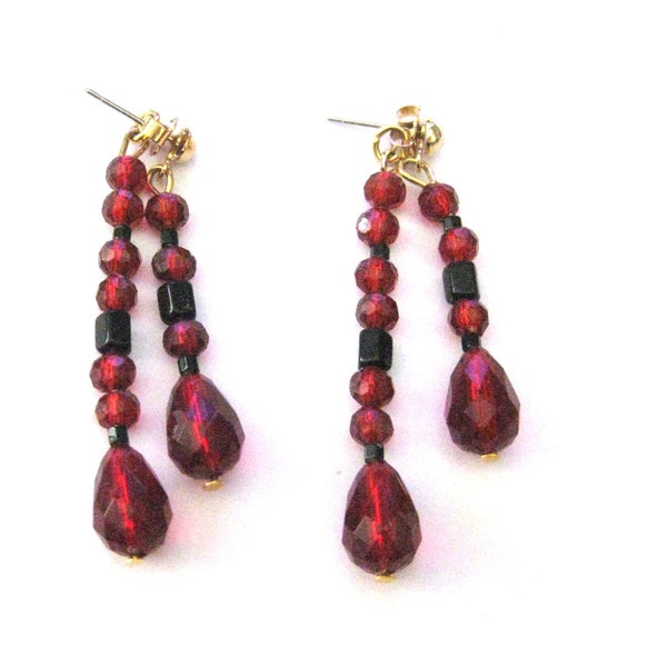 Vintage Jewelry ~  Long Glass Earrings - Double-Strand  Dangle  Red, Black  Pierced   1990's   2"   NA