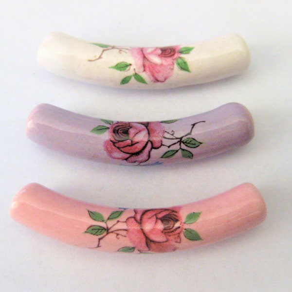 Jewelry Supplies ~   Porcelain Tube  Curved  Beads  Pendant  3pc   Pink  Purple  White   Floral -    1 7/8"    (T6-N14C)