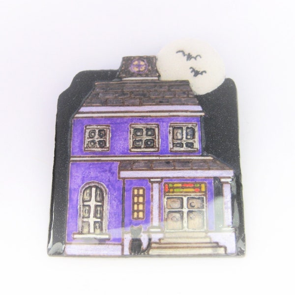 Vintage Jewelry -   Haunted Halloween House  Pin Brooch  Purple, Black   Handmade   (SD16-12B)