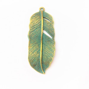 Jewelry Supplies ~  Patina Feather  Charm Pendant  Green  Per Piece -  #BF1  (N9C)