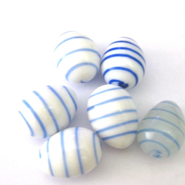 Jewelry Supplies ~  6 Glass Large Cabochons Balls Lamp Work  Oval, Egg shape  -  White, Blue  - Grp: BlueStripe / N6A)