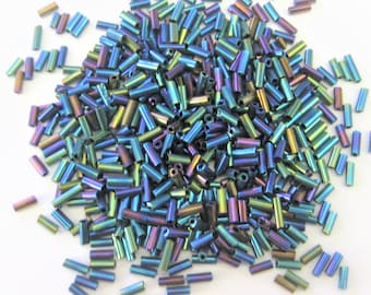 Jewelry Supplies ~  1/4" Glass Bugle Tube Beads  Electroplate  Gorgeous Colors!   1/4" long  -   1/2 oz bag    (Grp PK01/CSKU)