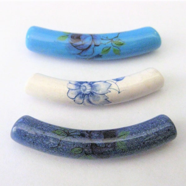 Jewelry Supplies ~   Porcelain Tube  Curved  Beads  Pendant  3/set   Blue  White   Floral   1 7/8"    (T4 -N14C)