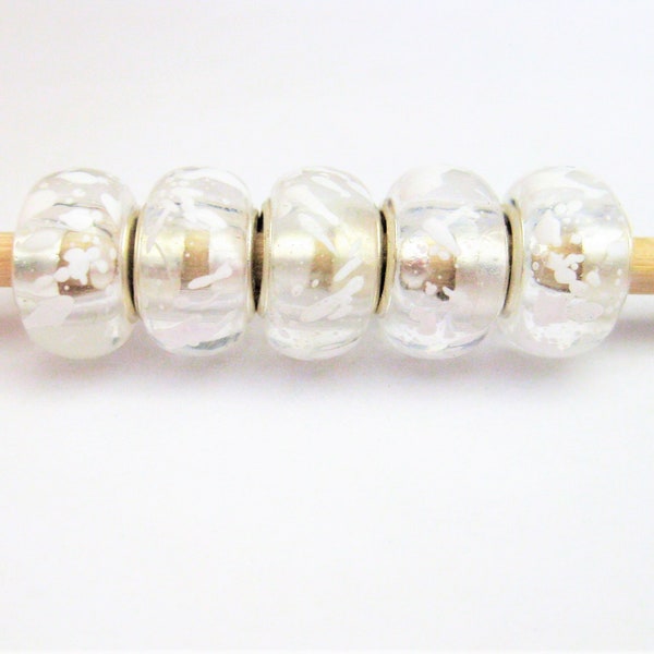 Jewelry Supplies ~  Resin Spacer Beads   Set/5  Large Hole   14x10mm  Clear, White   'Falling Snow'