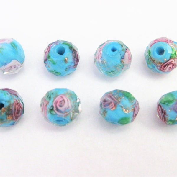 Jewelry Supplies ~  8 Glass Lampwork Beads   Aqua,  Pink Roses  Faceted   Set/8  -  10x8mm  (11B)