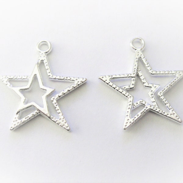 Jewelry Supplies ~  Stars  Charms  Pendant  Shiny Silver-tone   -  Set/2  -  7/8"   (Grp SR/G9B)