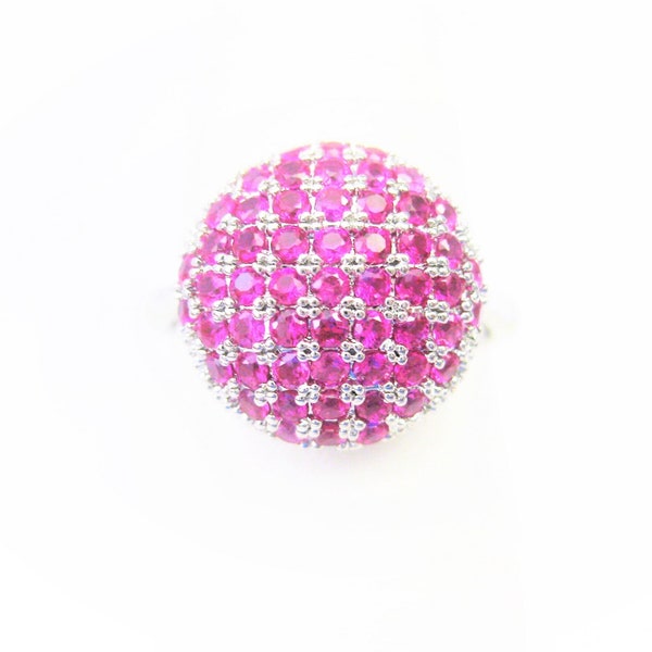 Vintage Jewelry ~  Dome Ring Pink Crystals  Silver-tone  Band  Costume Ring   Size 8.75   (GP1)