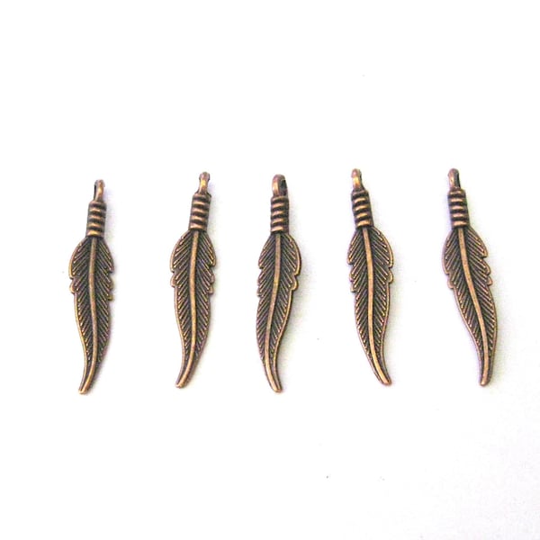 Jewelry Supplies ~  5 Feather Earring Pendant  Charm Chandelier  Supply -  Copper-tone - Set/5  - Grp FC (N18A)