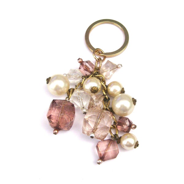 Jeweled Key Rings - Light Mauve, Cream Pearls  - Beaded Dangle Key Ring, Purse, Tote Swag Decoration  4" long  (KC4)  NA