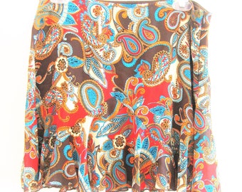 Vintage Clothing ~  Skirt  Paisley Brown, Red, Teal, Orange   Poly   Flirty Hem    Size 11   by A.Byer   1980's   (CL)