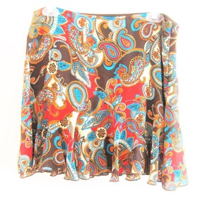 Vintage Clothing ~  Skirt  Paisley Brown, Red, Teal, Orange   Poly   Flirty Hem    Size 11   by A.Byer   1980's   (CL)